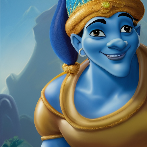 The blue genie from Disney's Aladdin, 1992, 4k, 4k resolution, 8k, HD, High Definition, High Resolution, Highly Detailed, HQ, Hyper Detailed, Intricate Artwork, Ultra Detailed, Digital Painting, Matte Painting, Realistic, Sharp Focus, Dim light, Fantasy by Stefan Kostic