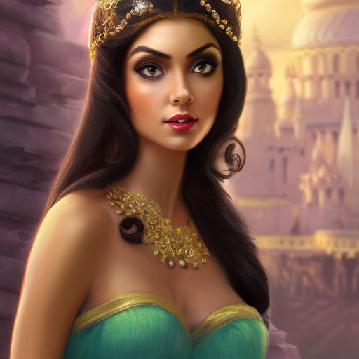 Alluring matte portrait of Princess Jasmine, 4k, 4k resolution, 8k, HD, High Definition, High Resolution, Highly Detailed, HQ, Hyper Detailed, Intricate Artwork, Ultra Detailed, Digital Painting, Matte Painting, Realistic, Sharp Focus, Dim light, Fantasy by WLOP