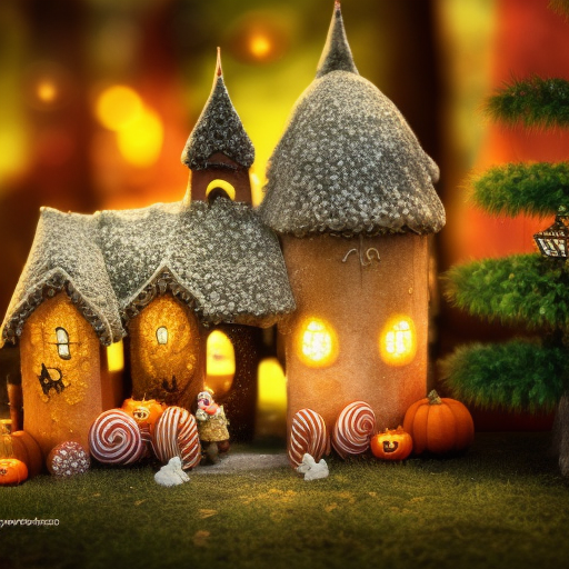 Gingerbread candy village, cinematic scene, studio lighting, fairytale, forest, fireflies, flowers, halloween, christmas, hansel and gretel, background blur, medium shot, visually stunning, Intricate, Cgsociety, Gothic and Fantasy, Trending on Artstation, Matte Painting, Bokeh effect, Photo Realistic, Artgerm, Concept Art, Colorful by Stanley Artgerm Lau