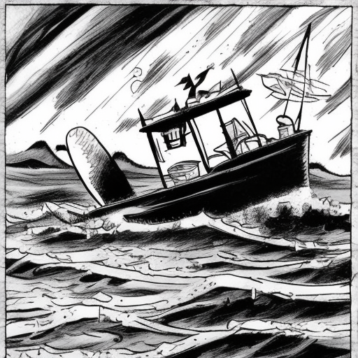 broken old boat in big storm, illustrated by hergé, style of tin tin comics, Pencil Art, Comics