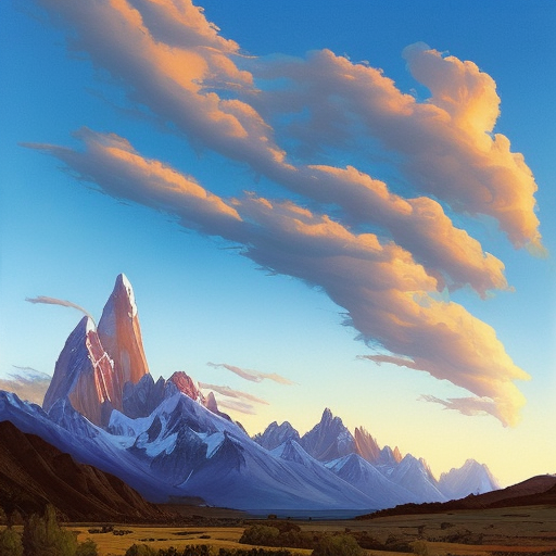 Evening sky, low thunder clouds foothpath with trees at indian summer with zugspitze fitz roy in background, Digital Painting by Mike Allred, Greg Hildebrandt, J.C. Leyendecker, RHADS