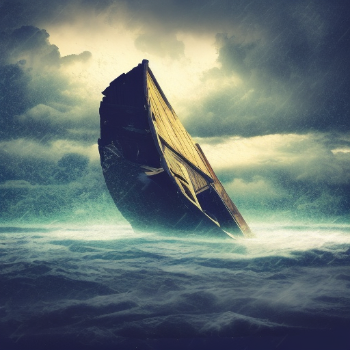 Broken old boat in big storm, Matte Painting, Album cover, Volumetric Lighting, Comics, Colorful