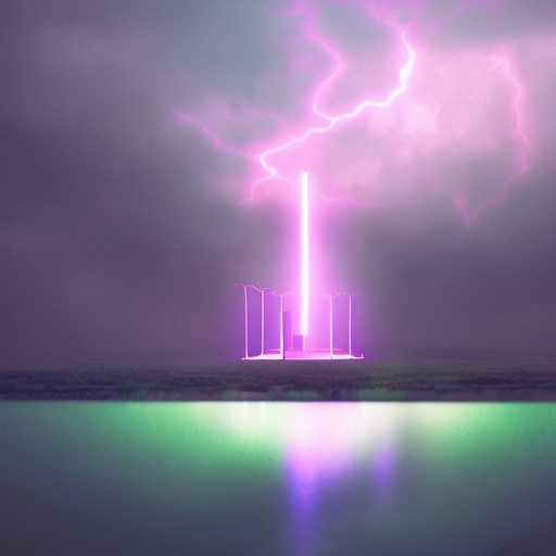Glowing tesla tower in a big storm, Matte Painting, Album cover, Volumetric Lighting, Comics, Colorful