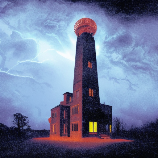 Wardenclyffe Tower in a big storm, Matte Painting, Album cover, Volumetric Lighting, Comics, Colorful