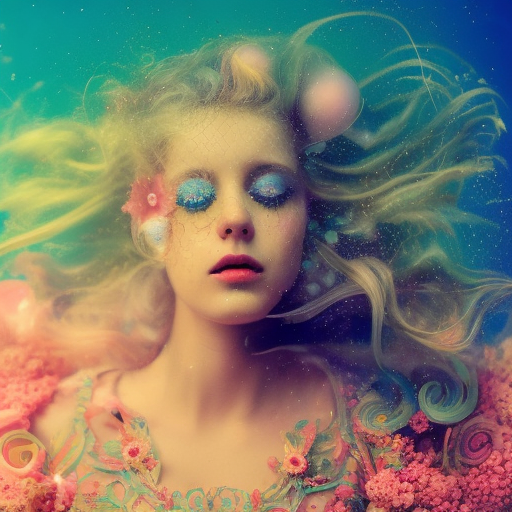Dynamic underwater ink art of a young woman in a cute princess outfit in Pastels and colorful fun intricate embellishments and geometric patterns and designs, cute colorful lighting, photography, cinematic, detailed character portrait,  ++detailed and intricate environment, strong breeze, High Definition, Intricate, Cinematic Lighting, Photo Realistic, Pastel by Alberto Seveso