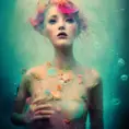 Dynamic underwater ink art of a young woman in a cute princess outfit in Pastels and colorful fun intricate embellishments and geometric patterns and designs, cute colorful lighting, photography, cinematic, detailed character portrait,  ++detailed and intricate environment, strong breeze, High Definition, Intricate, Cinematic Lighting, Photo Realistic by Alberto Seveso