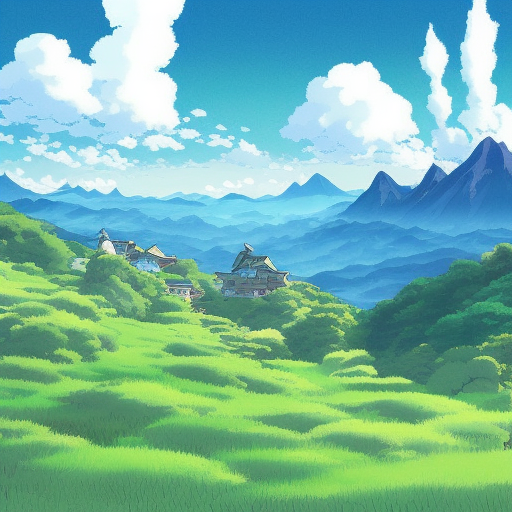 Stunning landscape painting from Studio Ghibli film, by Noriyuki Morimoto, rolling hills and valleys, towering mountains, sprawling fields, expansive sky, sense of adventure, Epic, Stunning, Digital Art by Studio Ghibli