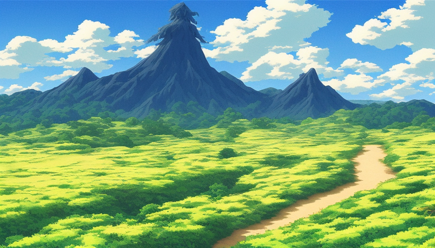 Stunning landscape painting from Studio Ghibli film, by Noriyuki Morimoto, rolling hills and valleys, towering mountains, sprawling fields, expansive sky, sense of adventure, Epic, Stunning, Oil on Canvas, Digital Art by Studio Ghibli