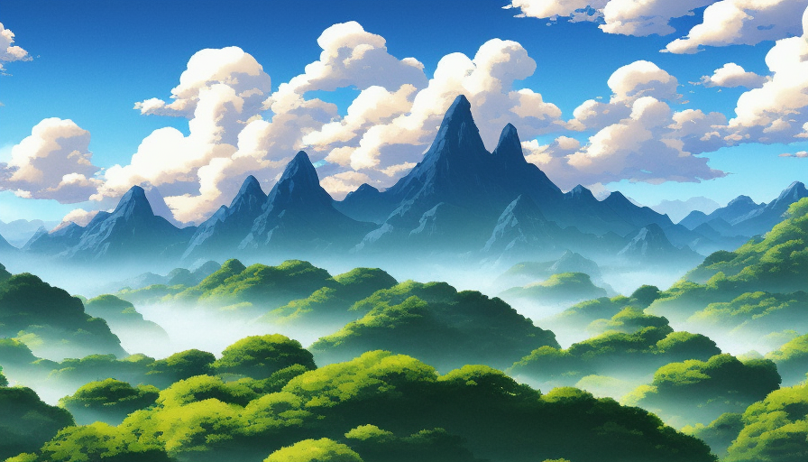 Stunning landscape painting from Studio Ghibli film, by Noriyuki Morimoto, rolling hills and valleys, towering mountains, expansive sky, sense of adventure, Epic, Stunning, Matte Painting, Digital Art by Studio Ghibli