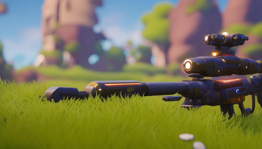 closeup of a futuristic weapon from fortnite, 8k, High Definition, Highly Detailed, Sharp Focus, Volumetric light effect