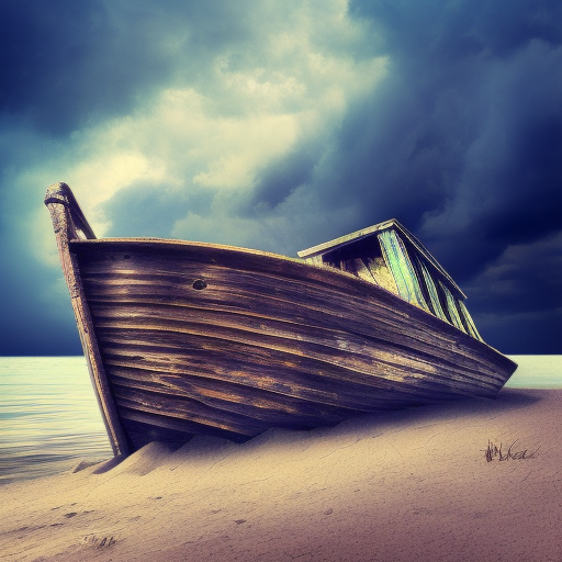 Old abandoned wooden boat in a big storm, Dystopian, Matte Painting, Album cover, Volumetric Lighting