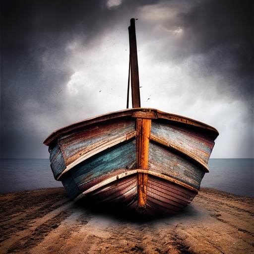 Old abandoned wooden boat in a big storm, Dystopian, Matte Painting, Album cover, Volumetric Lighting