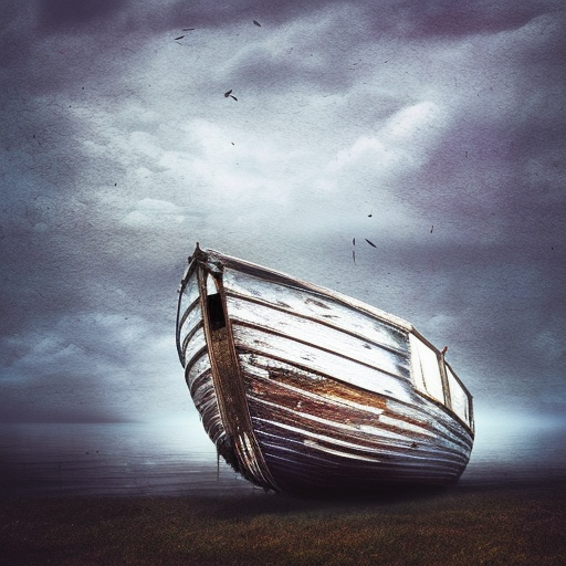 Old abandoned wooden boat in a big storm, Dystopian, Matte Painting, Album cover, Volumetric Lighting, Pastel