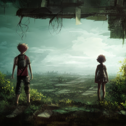 Post apocalyptic style, one boy and one girl overlooking an abandoned city with a lot of vegetation, no clouds, 8k, HD, Anime