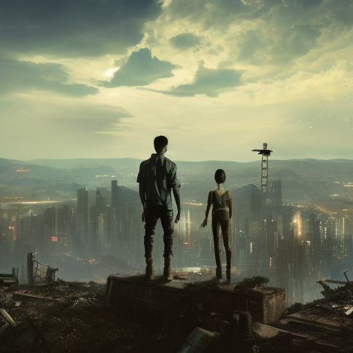 Post apocalyptic style, one boy and one girl overlooking an abandoned city with a lot of vegetation, no clouds, 8k, HD, Blade Runner 2049