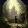 A boy looking at a dimensional portal in the hidden garden, Hyper Detailed, Intricate, Artstation, Gothic and Fantasy, Vintage Illustration, Epic, Sharp Focus, Smooth, Ray Tracing, Concept Art by Greg Rutkowski
