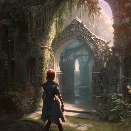 A girl looking at a dimensional portal in the hidden garden, Hyper Detailed, Intricate, Artstation, Gothic and Fantasy, Vintage Illustration, Epic, Sharp Focus, Smooth, Ray Tracing, Concept Art by Greg Rutkowski