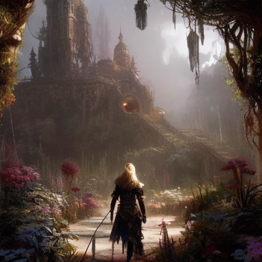 Aloy looking at a dimensional portal in the hidden garden, Hyper Detailed, Intricate, Artstation, Gothic and Fantasy, Vintage Illustration, Epic, Sharp Focus, Smooth, Ray Tracing, Concept Art by Greg Rutkowski