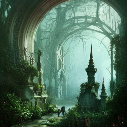 Looking at a dimensional portal in the hidden garden, Hyper Detailed, Intricate, Artstation, Gothic and Fantasy, Vintage Illustration, Epic, Sharp Focus, Smooth, Ray Tracing, Concept Art by Greg Rutkowski
