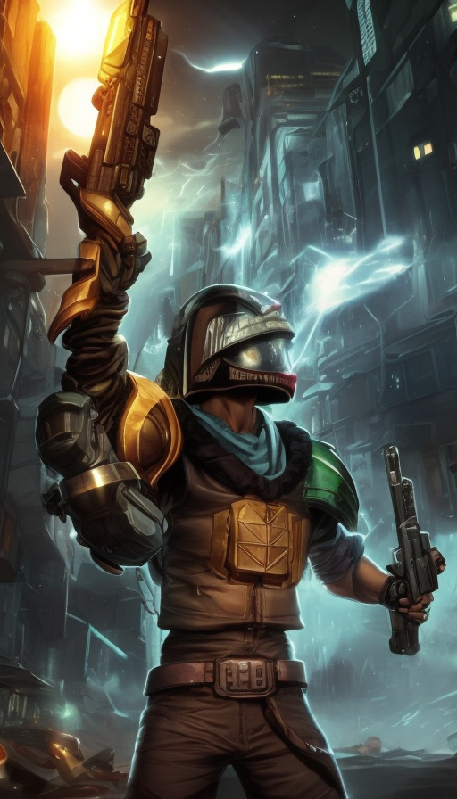 32K CG art that portrays a one person perfect fusion of ekko from league of legends and judge dredd holding a gun, cinestill, The background is an extremely detailed arcanepunk city, full body, uhd, hi-end, photographic, hyper realistic, concept art, by marek okon and eddie mendoza and dave rapoza and dennis fröhlich and artgerm and greg staples and maciej kuciara and aleksi briclot, sci-fi, futuristic, masterpiece, trending on artstation, cryengine, corona render, unreal engine 5, 4k resolution, 8k, Award-Winning, Contest Winner, High Resolution, HQ, Nvidia RTX, Ultra Detailed, Behance, Cgsociety, Full Body, Modern, Trending on Artstation, Futuristic, Sci-Fi, Stunning, Digital Painting, Illustration, Blade Runner 2049, Bloodborne, RPG, League of Legends by Steve Argyle