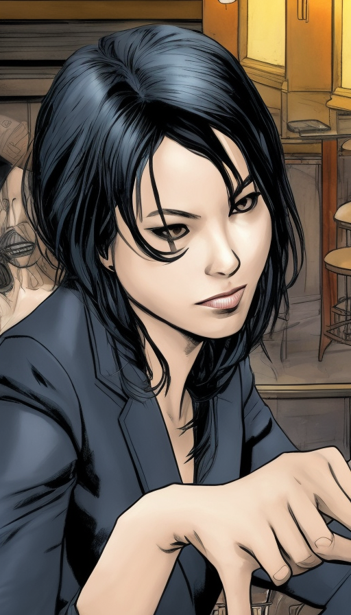 Cassandra cain sitting in a bar wearing a suit., 8k, High Definition, High Resolution, Highly Detailed, Hyper Detailed, Full Body