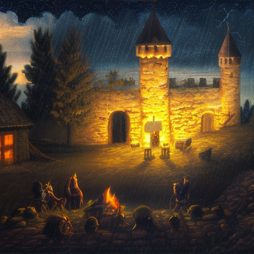 Nighttime scene with lightning and rain, Castle in the backround with a camp fire in the foreground with 5 adventurers, 16-Bit, 4k resolution, High Resolution