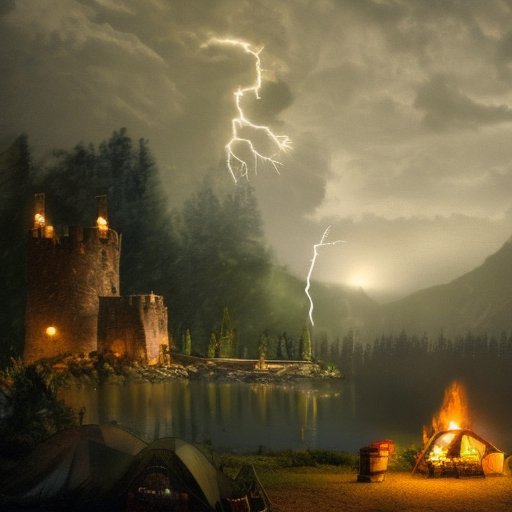 Nighttime scene with lightning and rain, Castle in the backround with a camp fire in the foreground with 5 adventurers. a large lake divides the camp and the castle, 16-Bit, 4k resolution, High Resolution