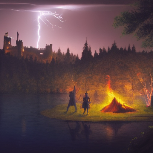Nighttime scene with lightning and rain, Castle in the backround with a camp fire in the foreground with 5 adventurers. a large lake divides the camp and the castle, 16-Bit, 4k resolution, High Resolution, Fantasy