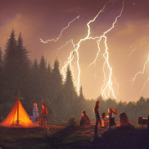 Nighttime scene with lightning and rain, Castle in the backround with a camp fire in the foreground with 5 adventurers. a large lake divides the camp and the castle, 16-Bit, 4k resolution, High Resolution, Fantasy