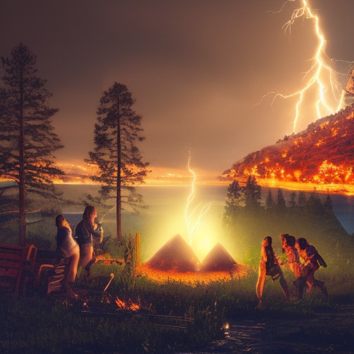Nighttime scene with lightning and rain, Castle in the backround with a camp fire in the foreground with 5 adventurers. a large lake divides the fire and the castle, 4k resolution, High Resolution, Fantasy