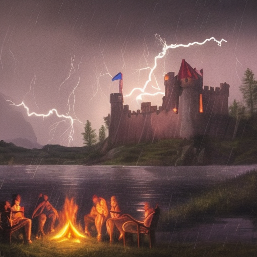 Nighttime scene with lightning and rain, Castle in the backround with a camp fire in the foreground with 5 adventurers. a large lake divides the fire and the castle, 4k resolution, Gothic, Fantasy