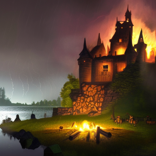 Nighttime scene with lightning and rain,  A very tall Castle in the backround with a camp fire in the foreground with 5 adventurers. a large lake divides the fire and the castle, 4k resolution, Gothic, Fantasy