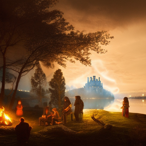 Nighttime scene with lightning and rain,  A very tall Castle in the backround with a camp fire in the foreground with 5 adventurers. a large lake divides the fire and the castle, 4k resolution, Gothic, Fantasy