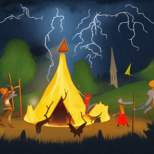 Nighttime scene with lightning and rain,  A very tall tower in the backround with a camp fire in the foreground with 5 adventurers. a large lake divides the fire and the castle, 4k resolution, Gothic, Fantasy