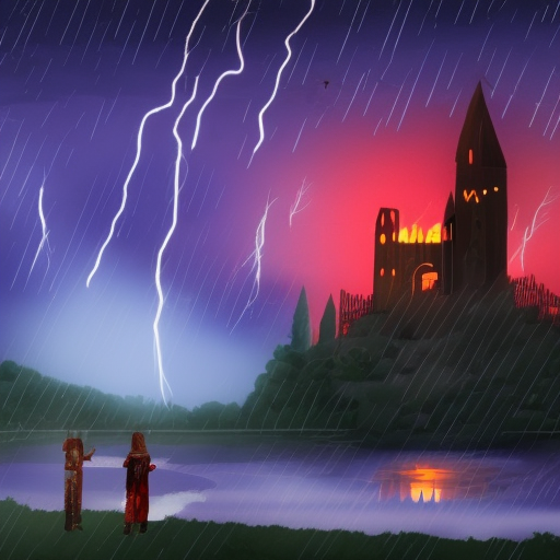Nighttime scene with lightning and rain,  A very tall tower in the backround with a fire in the foreground with 5 adventurers. a large lake divides the fire and the castle, 4k resolution, NES Style, Gothic, RPG, Fantasy