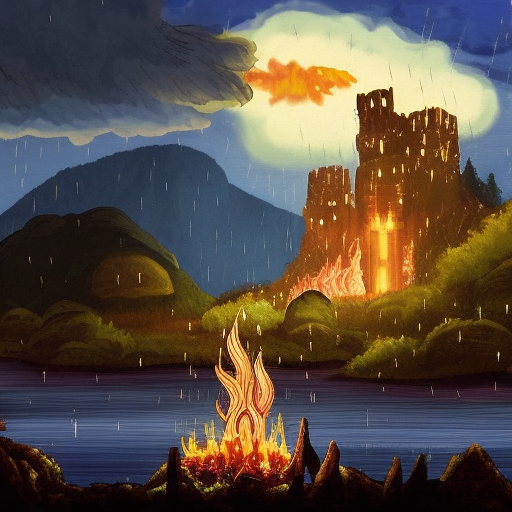 Nighttime scene with lightning and rain,  A very tall tower in the backround with a fire in the foreground with 5 adventurers. a large lake divides the fire and the castle, NES Style, RPG, Fantasy
