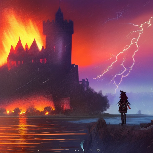 Nighttime scene with lightning and rain,  A very tall tower in the backround with a fire in the foreground with 5 adventurers. a large lake divides the fire and the castle, NES Style, Pixiv, RPG, Fantasy