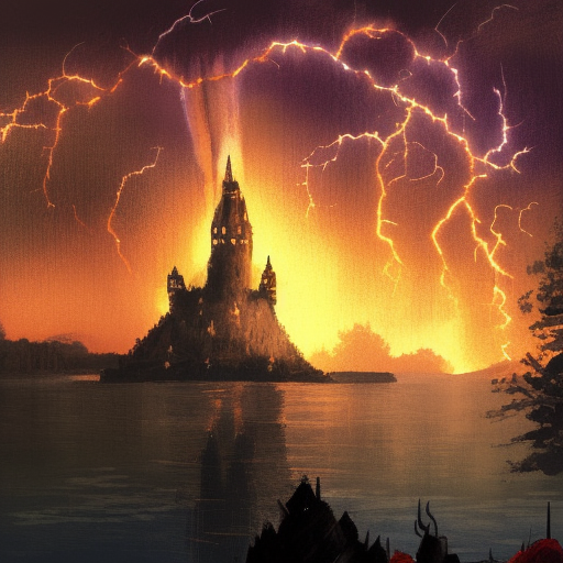 Nighttime scene with lightning and rain,  A very tall tower in the backround with a fire in the foreground with 5 adventurers. a large lake divides the fire and the castle, NES Style, Pixiv, RPG, Fantasy