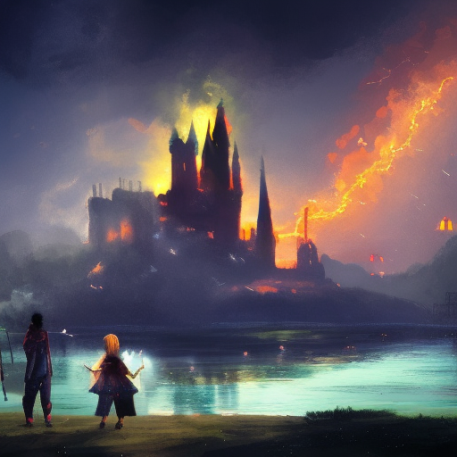Nighttime scene with lightning and rain,  An endlessly tall tower in the backround with a fire in the foreground with 5 adventurers. a large lake divides the fire and the castle, NES Style, Pixiv, RPG, Fantasy