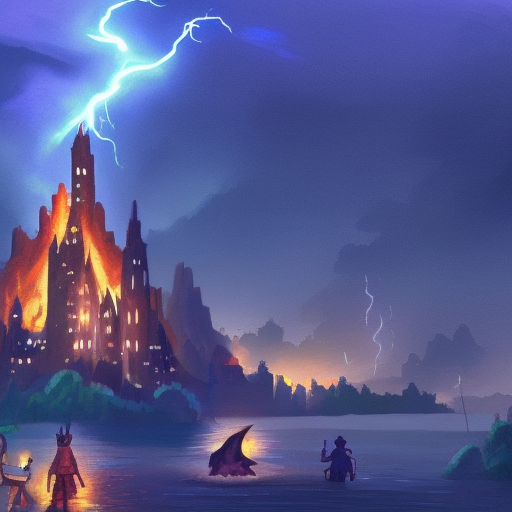 Nighttime scene with lightning and rain,  An endlessly tall tower in the backround with a fire in the foreground with 5 adventurers. a large lake divides the fire and the castle, NES Style, Pixiv, RPG, Fantasy