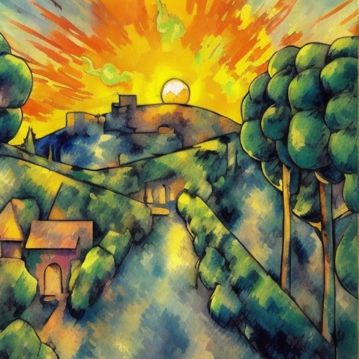 Astonishing landscape artwork, Fusion between Cell-shading And Alcohol Ink, captivating, Lovely, enchanting, in the style of Jojos Bizarre adventure, stylized anime Art, Pop art deco, sunrise, Vibrant Colors by Paul Cezanne, Skottie Young