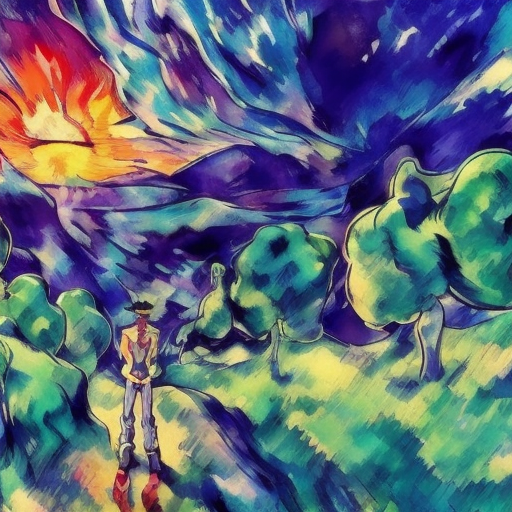 Astonishing landscape artwork, Fusion between Cell-shading And Alcohol Ink, captivating, Lovely, enchanting, in the style of Jojos Bizarre adventure, stylized anime Art, Pop art deco, sunrise, Vibrant Colors by Paul Cezanne, Skottie Young
