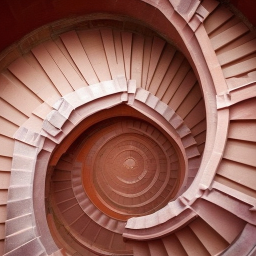 Terracotta staircase with penrose bricks , spiraling in a majestic pattern to a surreal and magical landscape filled with amazing flora and fauna , staircase leading to the unknown, earthy alien landscape, Magical