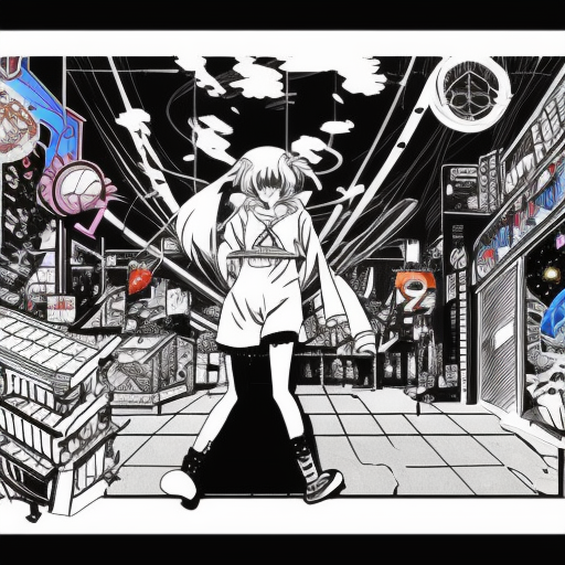 Vintage 90's anime style environmental wide shot of a chaotic arcade at night; a woman wearing streetwear, Environmental arcade art., Sci-Fi, Lineart, Anime by Virgil Finlay