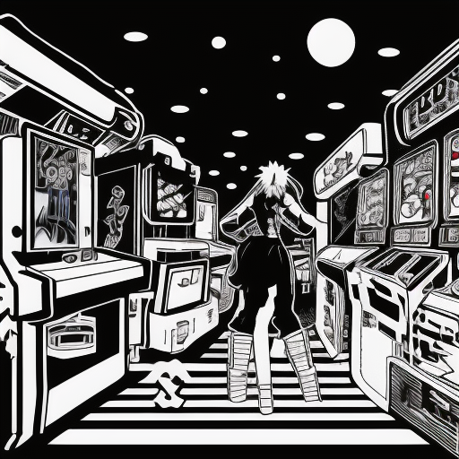 Vintage 90's anime style environmental wide shot of a chaotic arcade at night; a woman wearing streetwear, Environmental arcade art., Sci-Fi, Lineart, Anime by Virgil Finlay