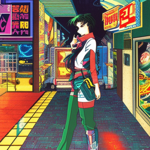 Vintage 90's anime style environmental wide shot of a chaotic arcade at night; a woman wearing streetwear, Environmental arcade art., Sci-Fi, Vibrant Colors, Anime by Virgil Finlay