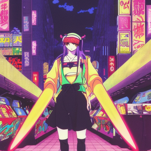 Vintage 90's anime style environmental wide shot of a chaotic arcade at night; a woman wearing streetwear, Environmental arcade art., Sci-Fi, Vibrant Colors, Anime by Virgil Finlay