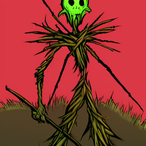 Fiddlesticks from league of legends , scary, red colors, dark forest background, darkest dungeon style, Horror