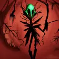 Fiddlesticks from league of legends , scary, red colors, dark forest background, darkest dungeon style, Horror
