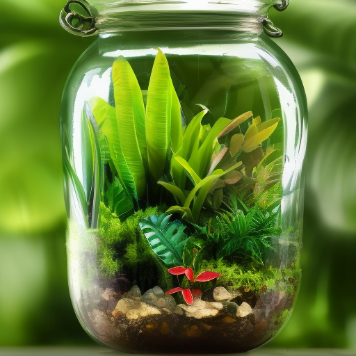 A small tropical garden in a jar, green, lush, 8k, Highly Detailed, Sharp Focus